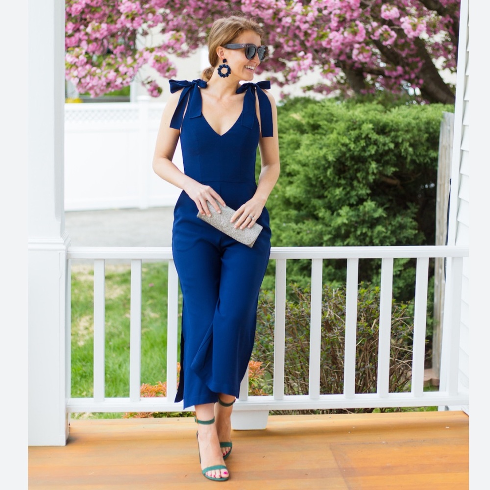 Amanda Uprichard Navy Blue Bow-Shoulder Jumpsuit